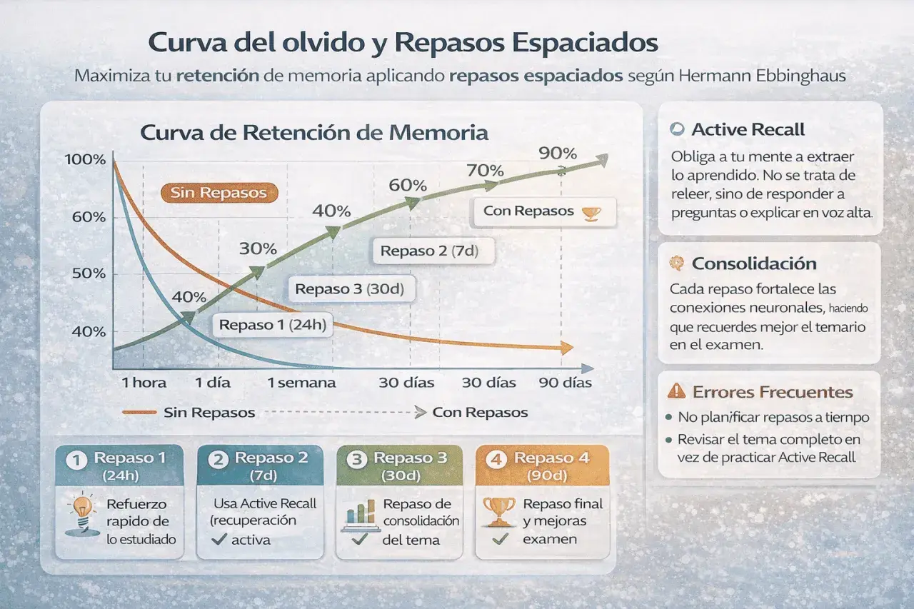 Gráfico de la curva del olvido y repasos espaciados, clave para oposiciones. Muestra cómo la retención de memoria mejora con repasos.