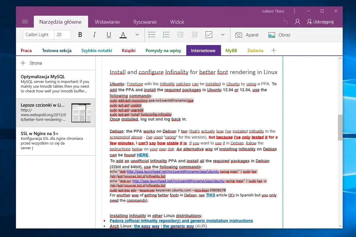 Aplikacja do notatek na laptopa z instrukcją instalacji Infinality dla lepszego renderowania czcionek w Linuksie.