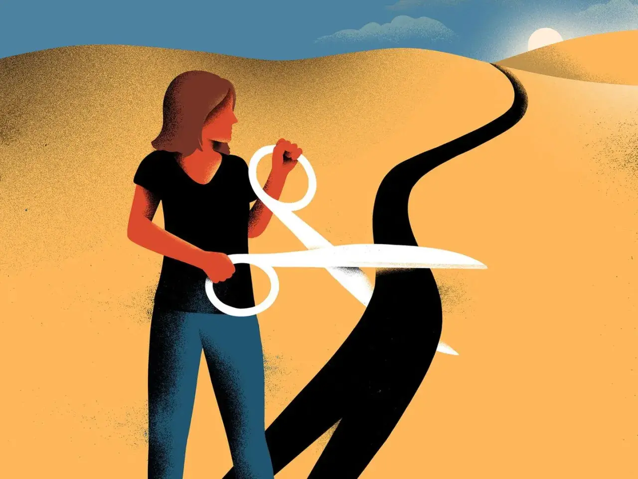 Eine Frau zerschneidet mit einer Schere den Weg in die Vergangenheit, um neues Gelingen zu ermöglichen.