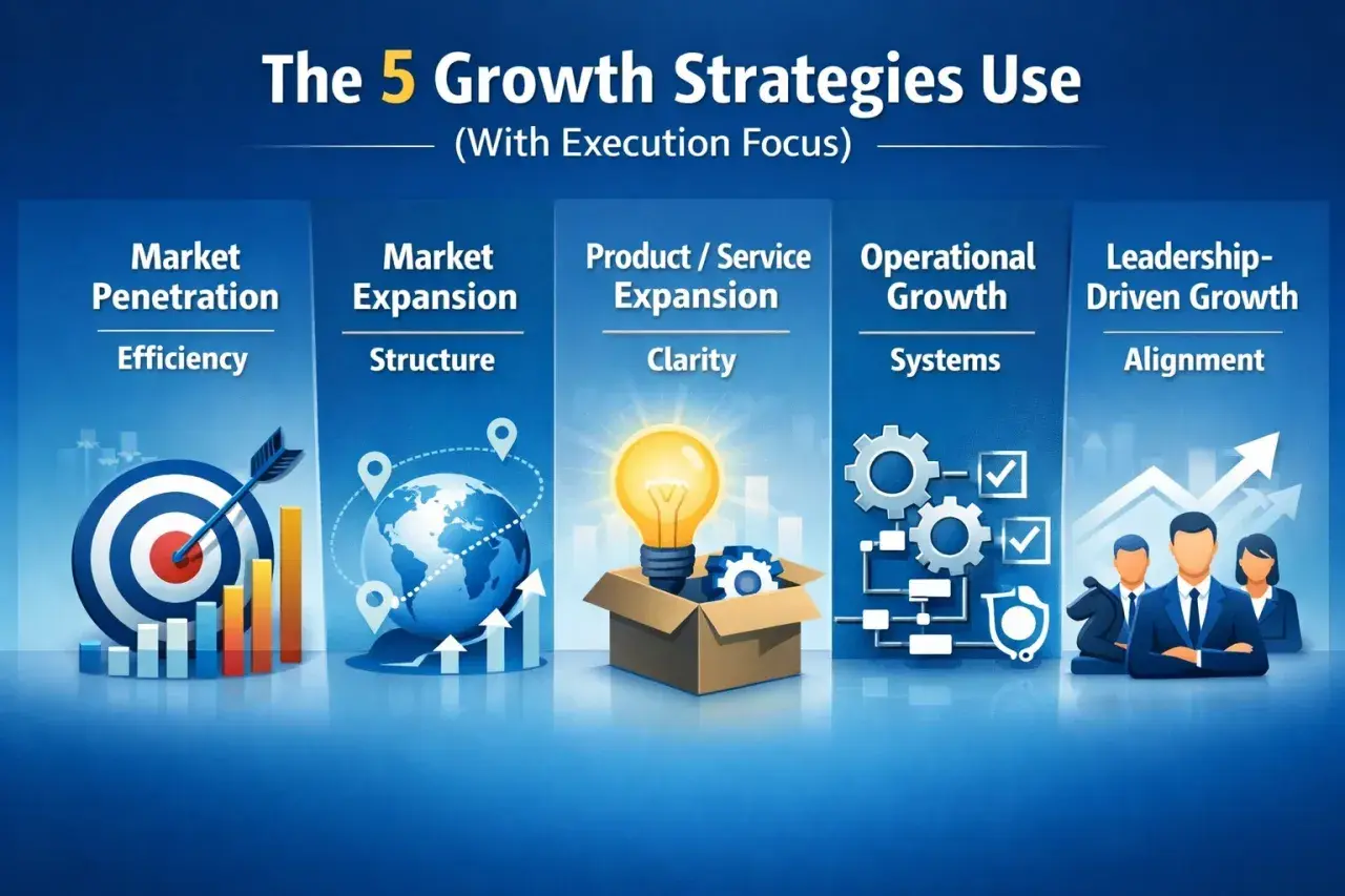 Visualizing the 5 corporate growth strategies: Market Penetration, Market Expansion, Product/Service Expansion, Operational Growth, and Leadership-Driven Growth.