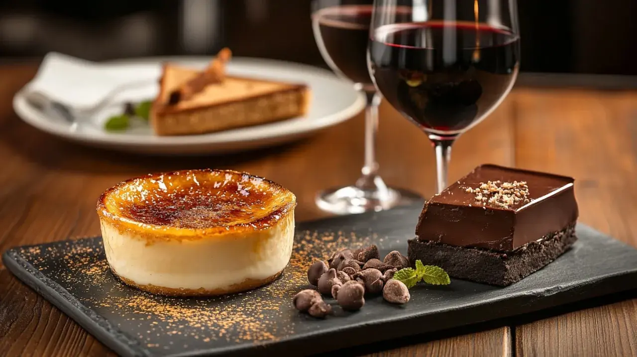 Un délice sucré : crème brûlée, gâteau au chocolat et deux verres de vin rouge. Quel vin rouge avec dessert ? L'accord parfait pour un moment gourmand.