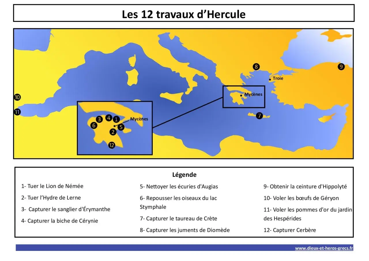 Carte illustrant les 12 travaux d'Hercule, avec des points numérotés sur la Grèce et la Méditerranée.