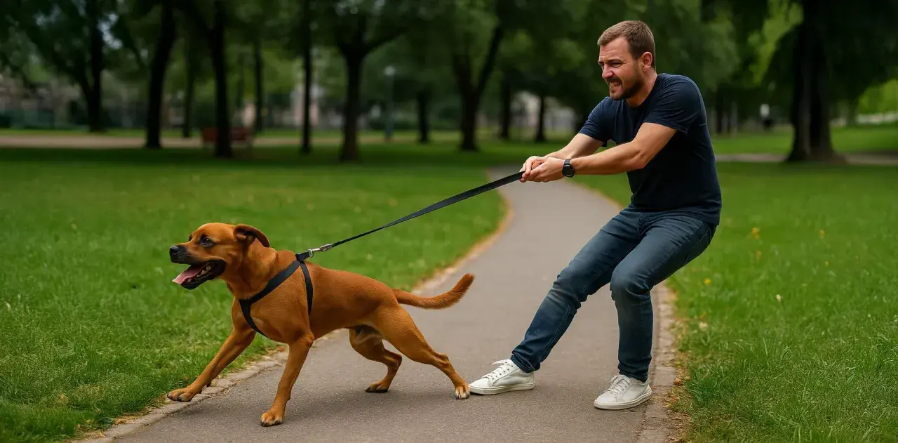 Un hombre lucha por controlar a su perro marrón que tira de la correa en un parque. El perro parece emocionado, mientras el hombre se esfuerza.
