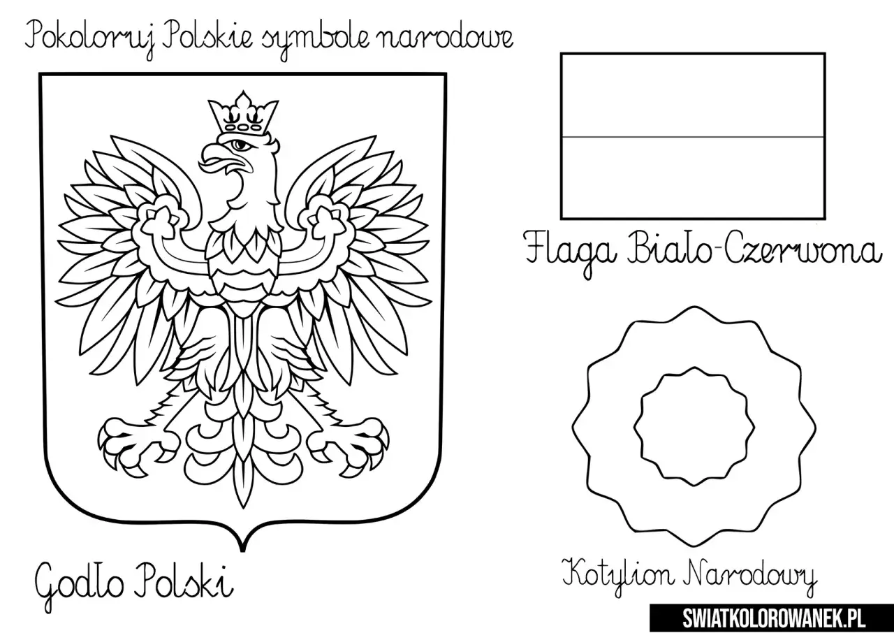 Ilustracja z godłem Polski, flagą biało-czerwoną i kotylionem narodowym do kolorowania.
