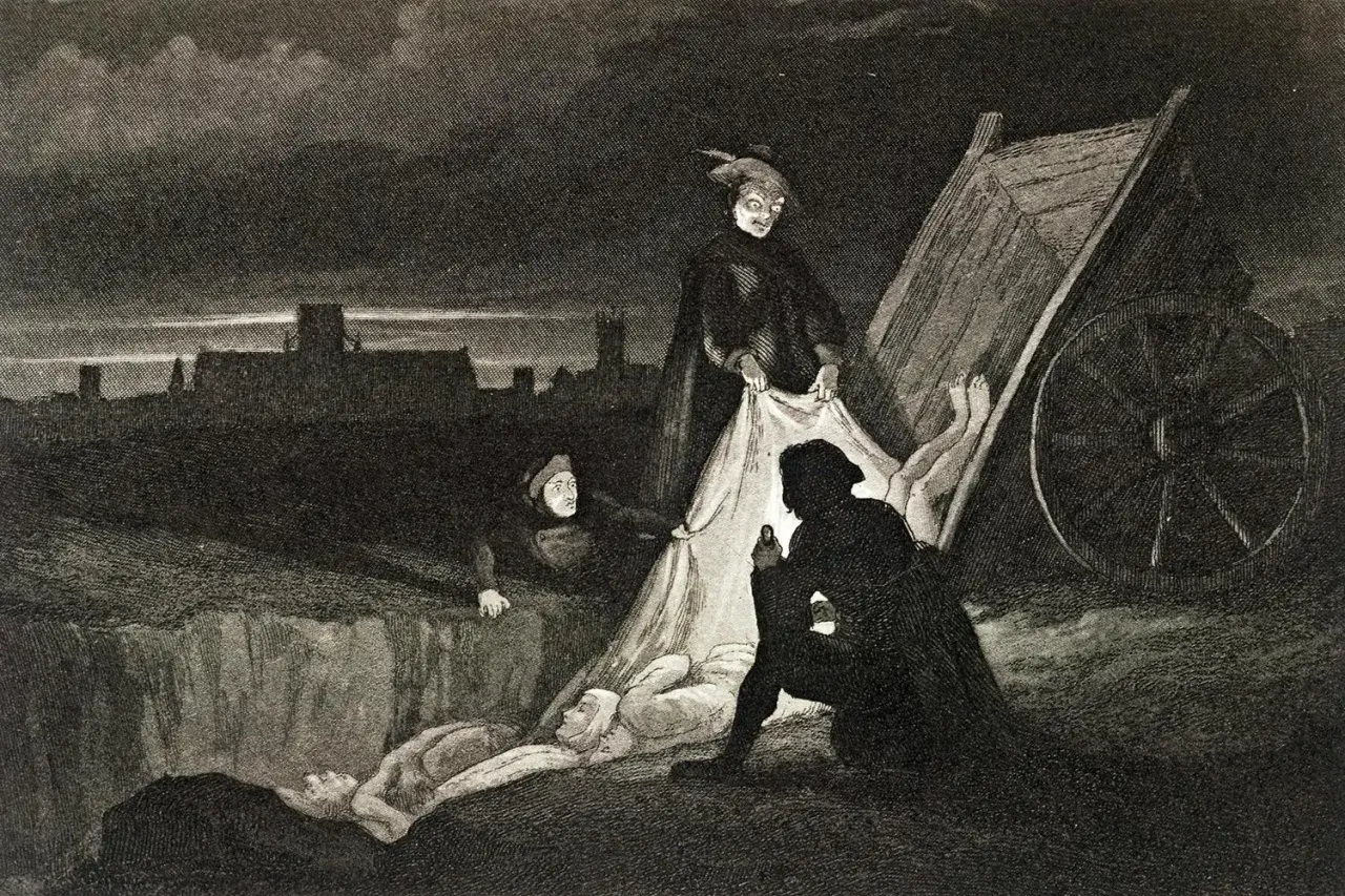 Mörka scener av död och förtvivlan. En vagn lastas med lik, en påminnelse om hur många dog av pesten.