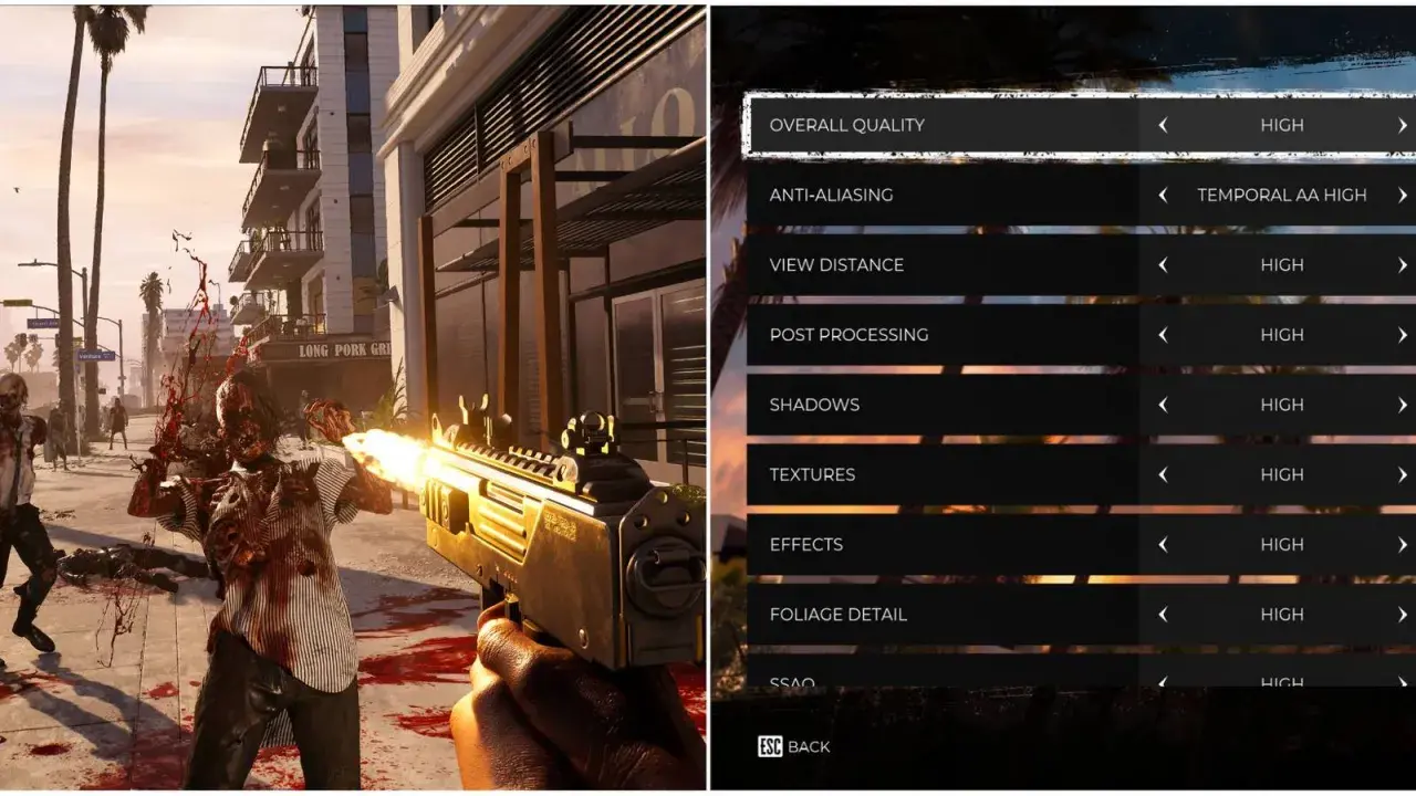 Configuration de Dead Island 2 : le joueur ajuste les paramètres graphiques en pleine action contre des zombies.