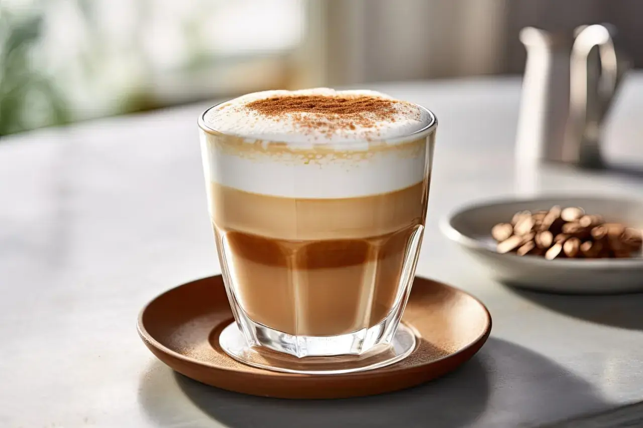 En vacker caffe macchiato med lager av mjölk och kaffe, toppad med skum och kanel. Perfekt för en lugn stund.
