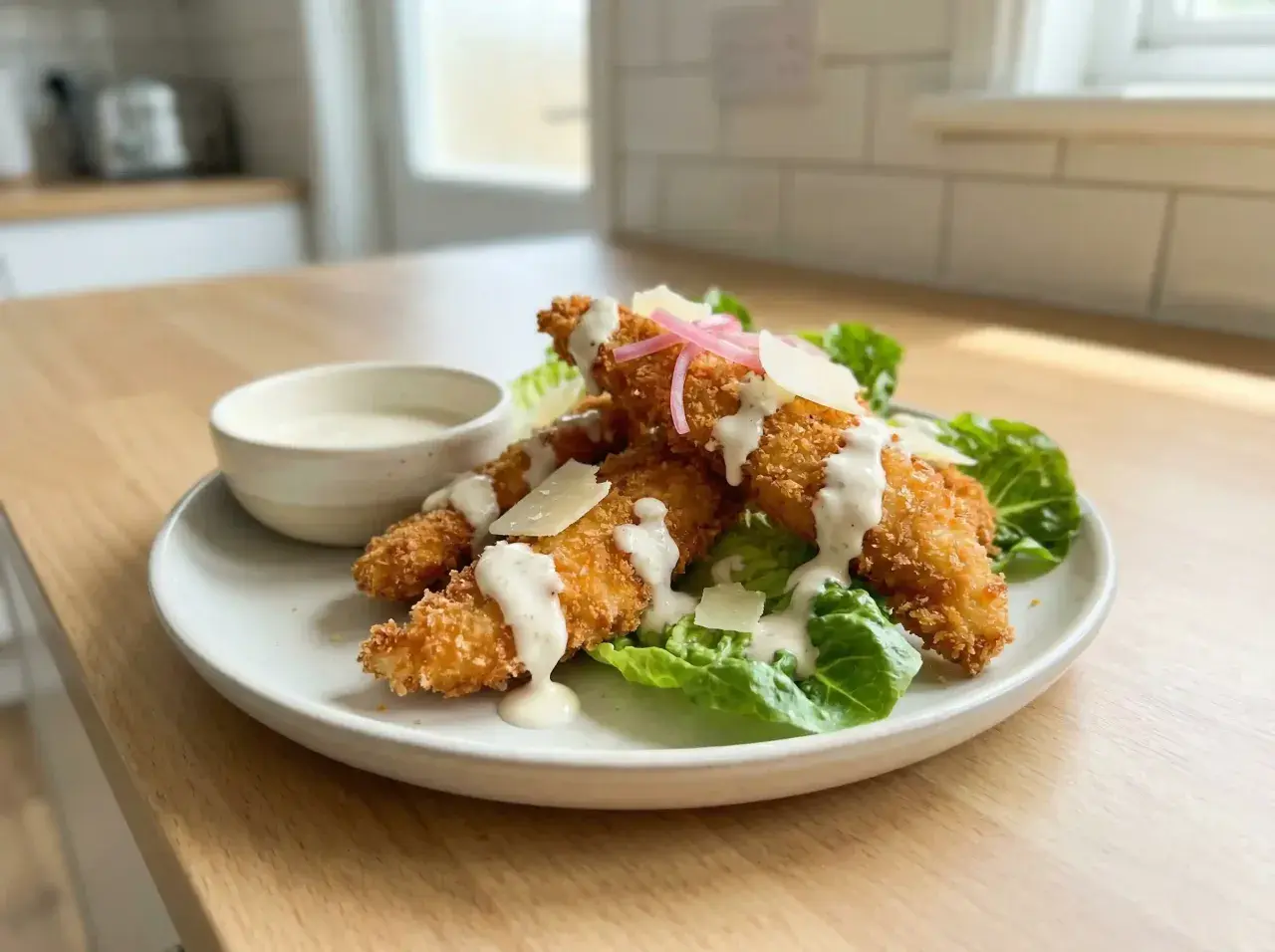 Krispiga bitar av panerad kyckling från airfryer serveras på salladsbädd med krämig dressing och parmesan. Enkelt och gott!