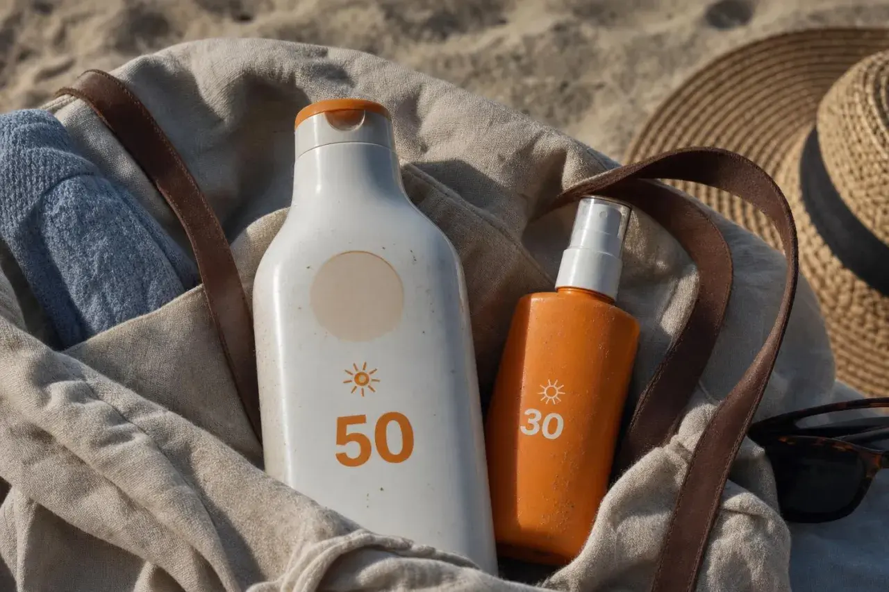 Borsa da spiaggia con crema solare SPF 50 e 30, cappello di paglia e occhiali da sole. La crema solare 50 protegge a lungo.