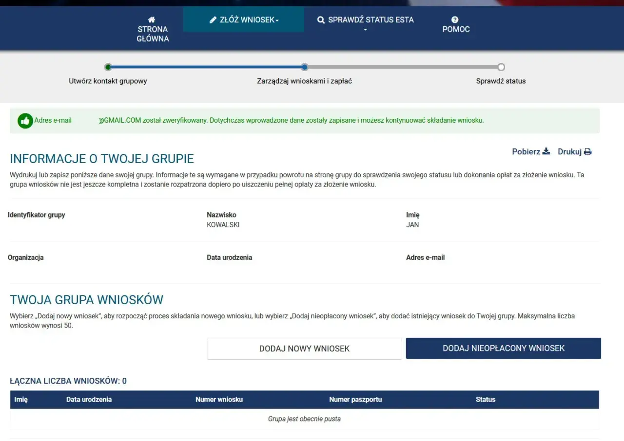 Strona pozwala na złożenie wniosku online. Widzimy dane grupy, opcje dodawania wniosków i ich status.