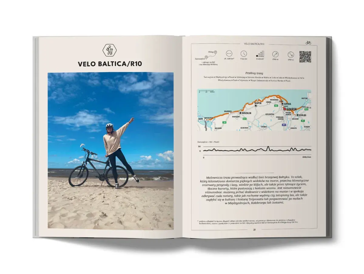 Rowerzystka na plaży z rowerem, obok mapa trasy Velo Baltica/R10. To nie są trasy rowerowe Słowacja, lecz polskie wybrzeże Bałtyku.