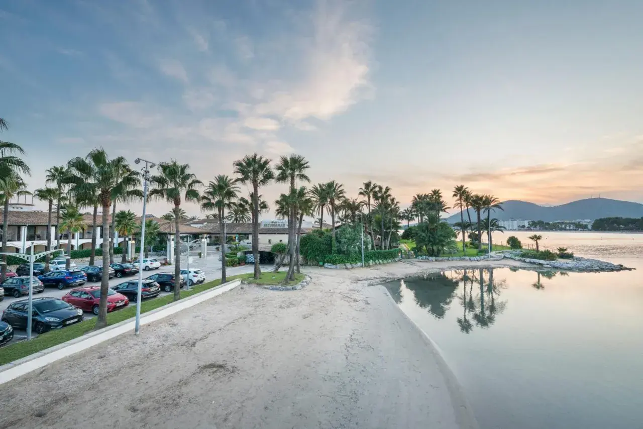 Strand mit Palmen und dem Hotel Alcudiamar im Hintergrund, ruhiges Wasser spiegelt den Himmel.