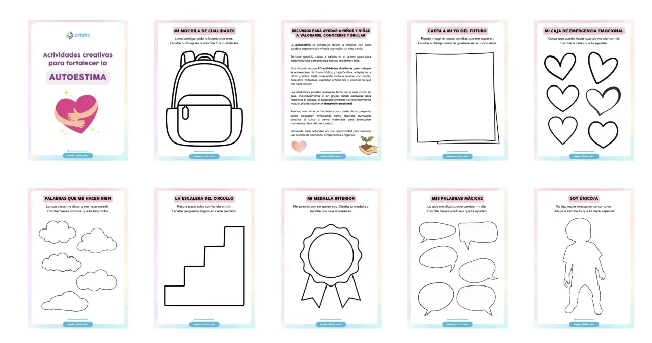 Actividades para fortalecer la autoestima: mochila de cualidades, carta a mi yo futuro, caja de emergencia emocional, escalera del orgullo, medalla interior, palabras mágicas y más.