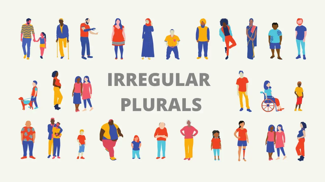 Un grupo diverso de personas, desde niños hasta ancianos, con y sin discapacidades, ilustra el concepto de plurales irregulares en inglés.