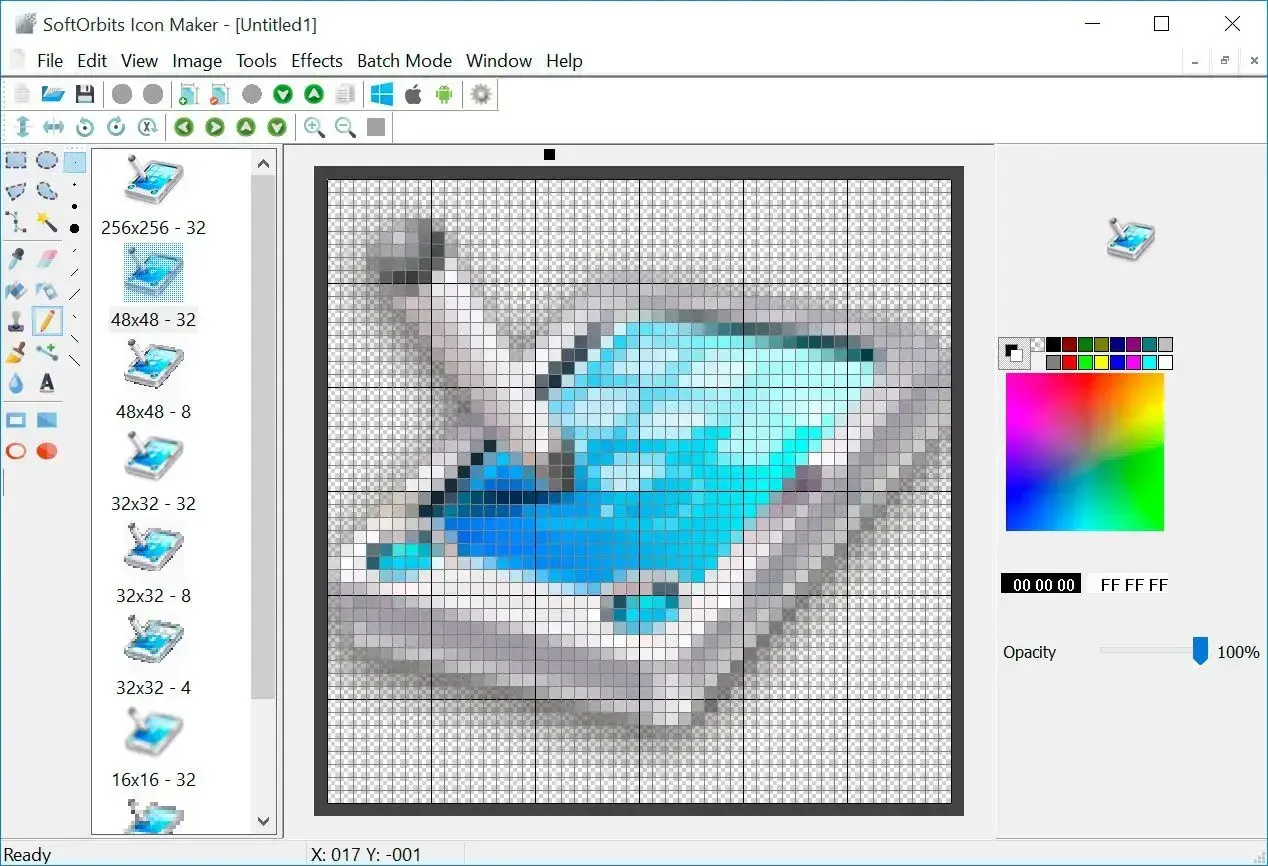 Program do tworzenia ikon, gdzie na siatce pikseli powstaje grafika przypominająca tablet z niebieskim ekranem. Widać różne rozmiary ikon do wyboru.