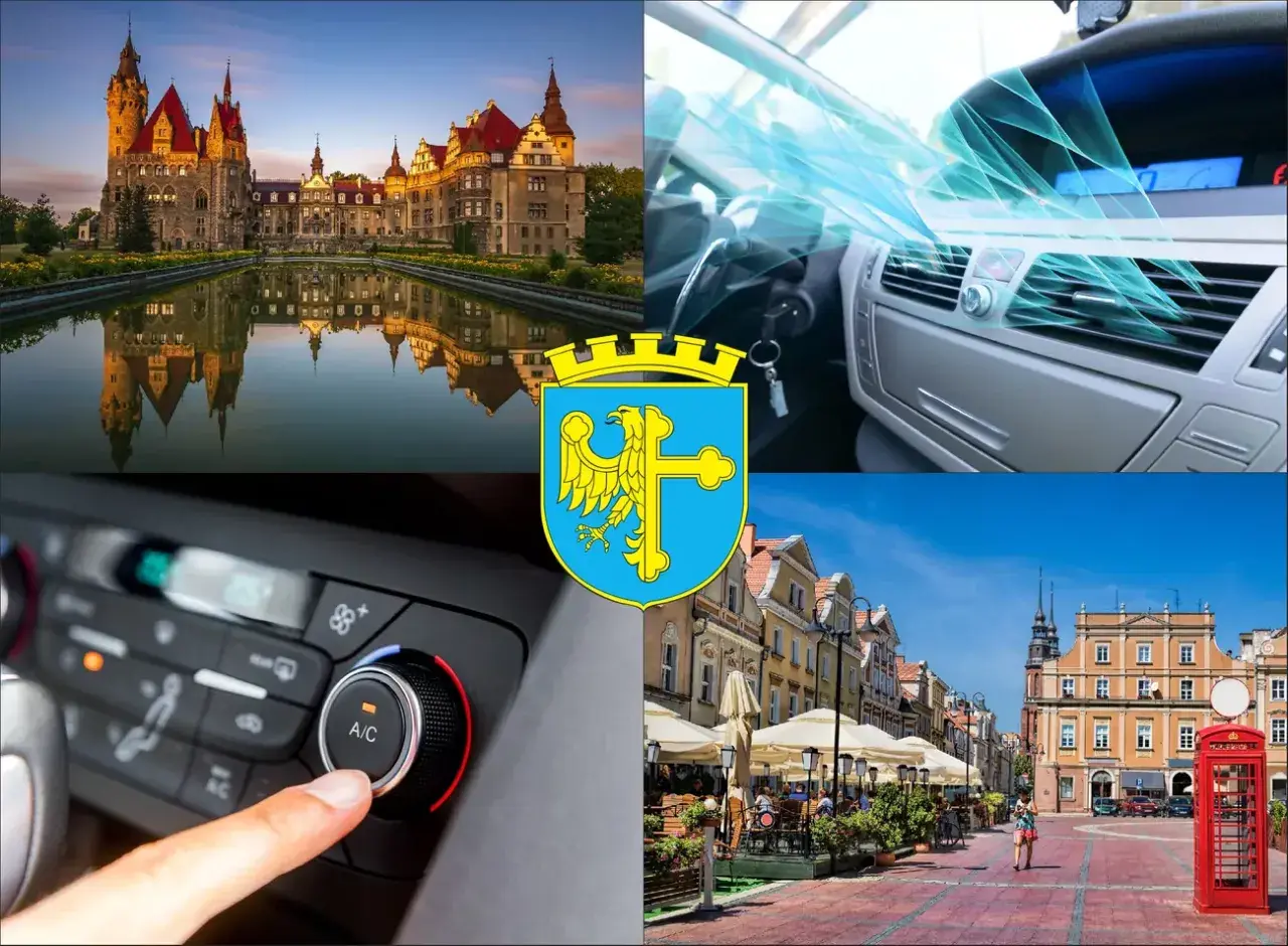 Kolaż: zamek, wnętrze samochodu z klimatyzacją, herb Opola, rynek z kawiarniami.