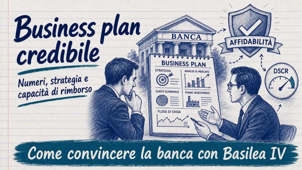Uomini d'affari discutono un **business plan** con grafici e dati, puntando a ottenere l'affidabilità bancaria.
