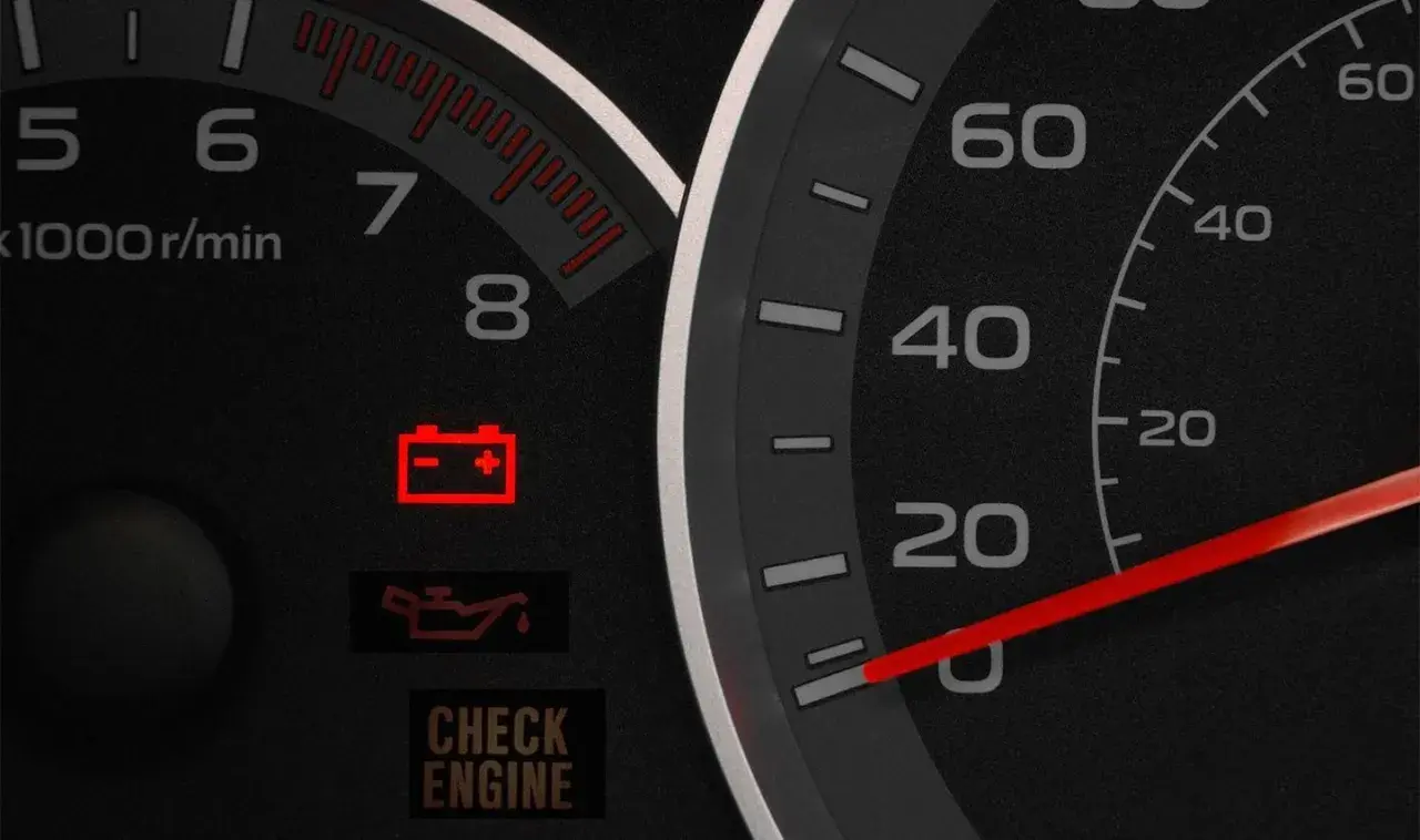 Tablero de coche con luz de batería encendida, indicando un problema con el alternador.