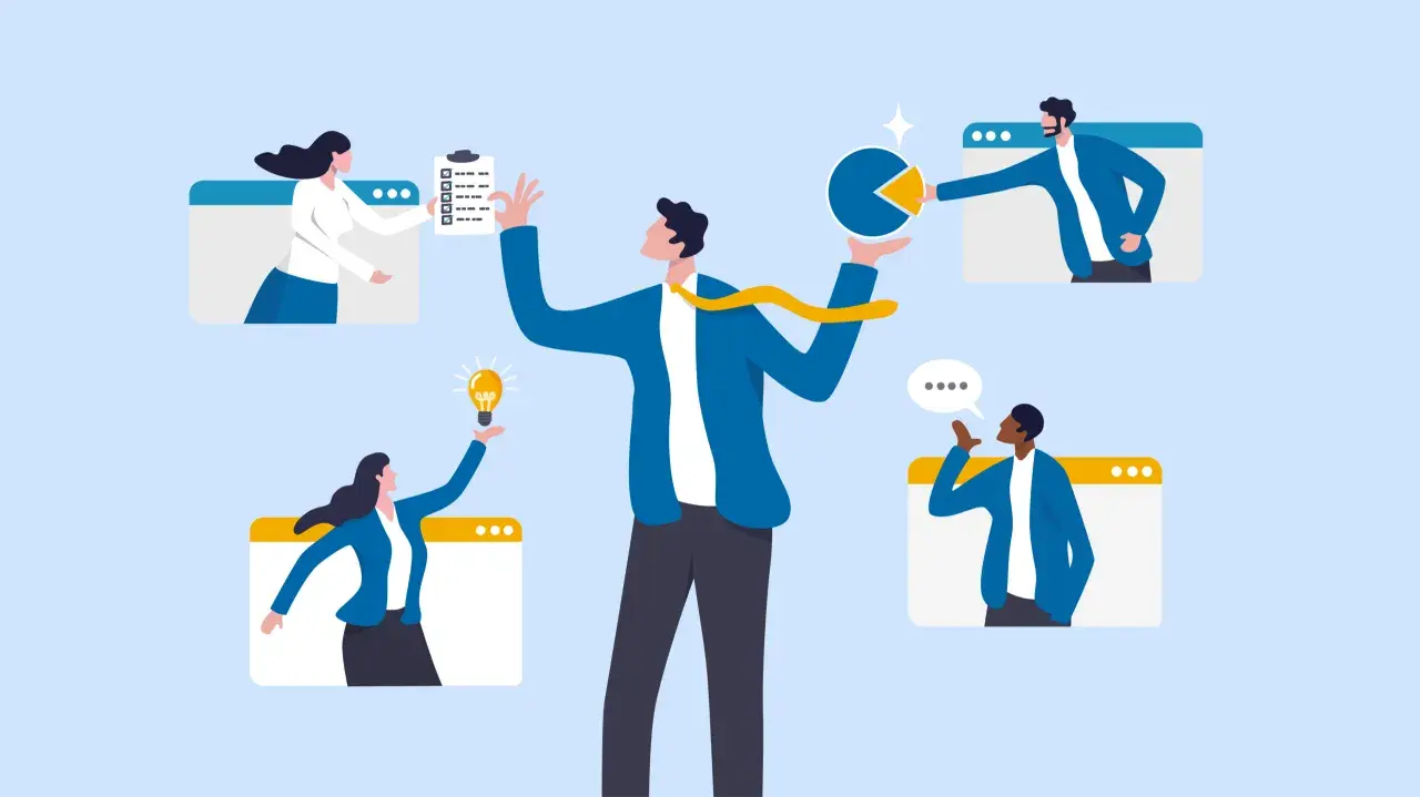 Ilustración sobre outsourcing: qué es y ejemplos. Un equipo colabora en línea, compartiendo ideas, tareas y gráficos.