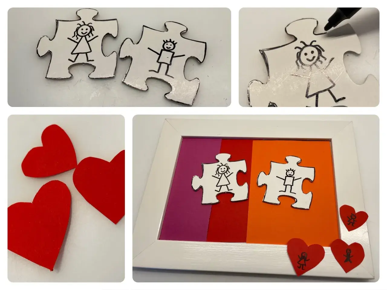 Beim **Puzzle basteln** entstehen zwei Puzzleteile mit Strichmännchen. Gerahmt mit Herzen, ein liebevolles DIY-Projekt.