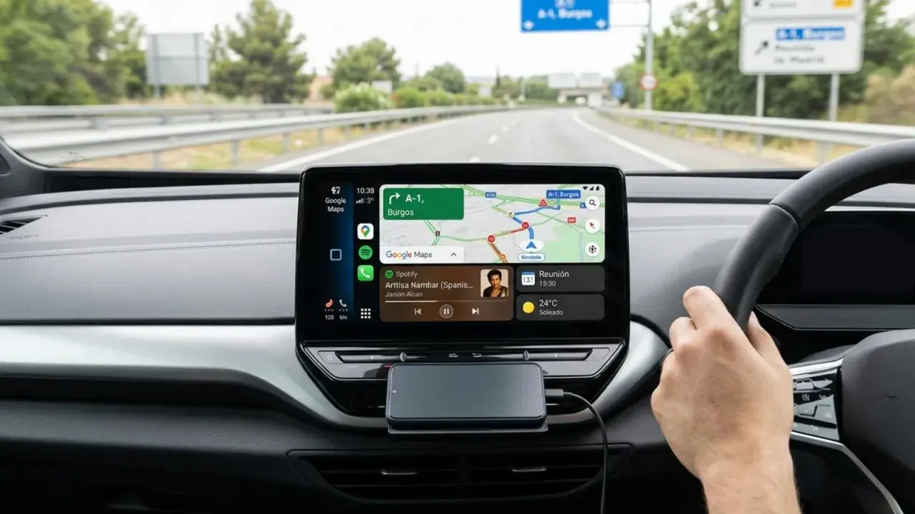 Conduciendo con Google Maps y Spotify en la pantalla, listo para actualizar Android Auto.