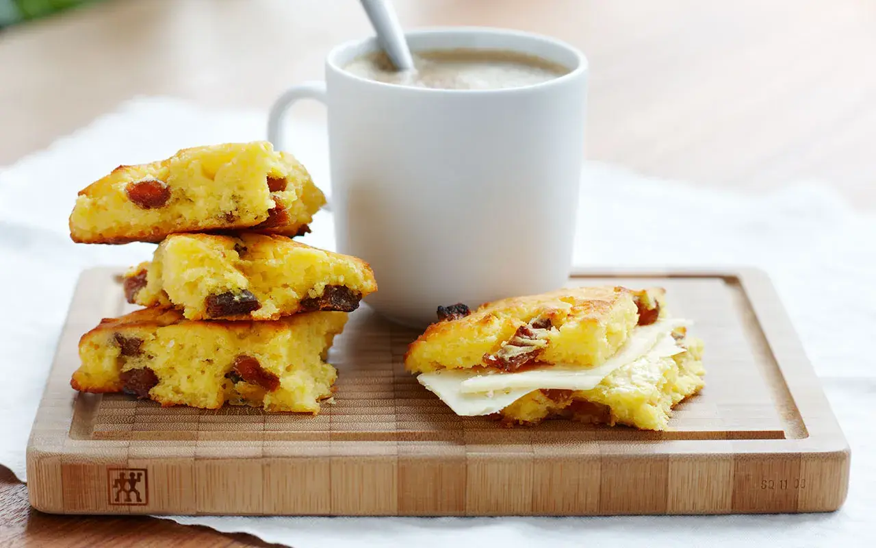 Scones med mjölk och russin, en perfekt fika. En scone är uppdelad och fylld med ost.