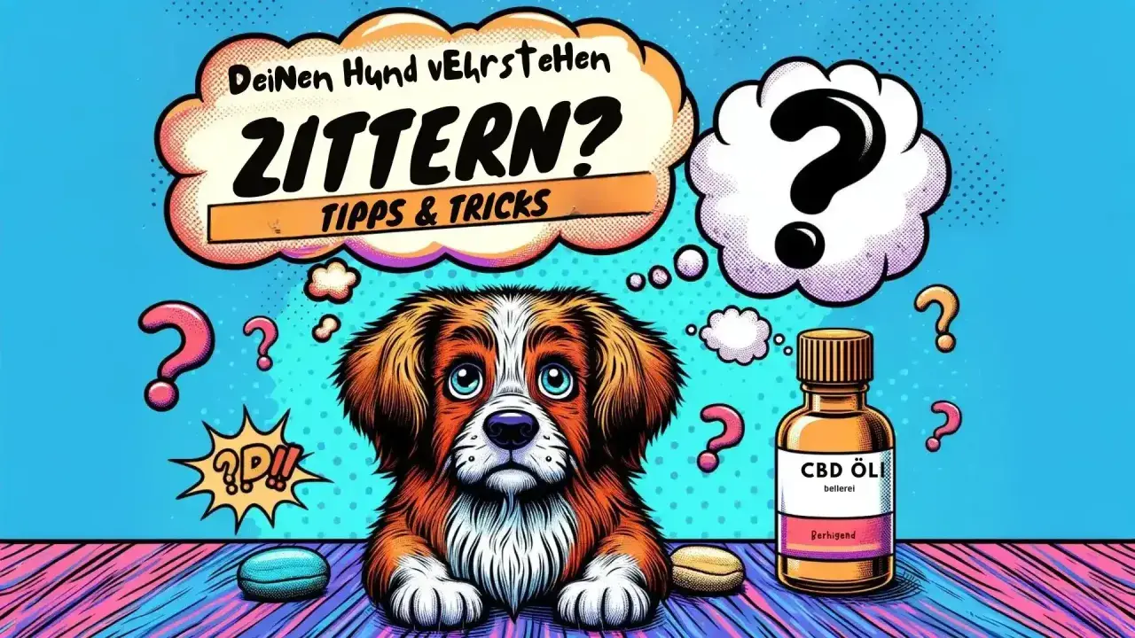 Ein Hund zittert im Ruhezustand? Die Sprechblase fragt "ZITTERN? Tipps & Tricks". Daneben eine Flasche CBD Öl.