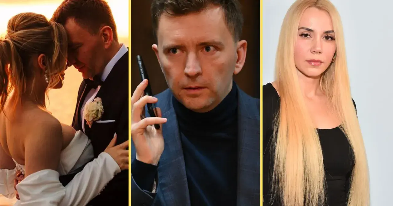 Łukasz Schreiber z pierwszą żoną na ślubnym kobiercu, w środku z telefonem, obok blondynka.