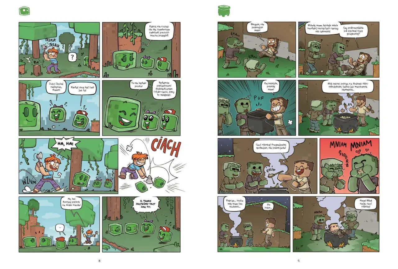 Postacie z Minecrafta: Creepery uczą się od mamy, jak być groźne, a Steve gotuje zupę dla zombie.
