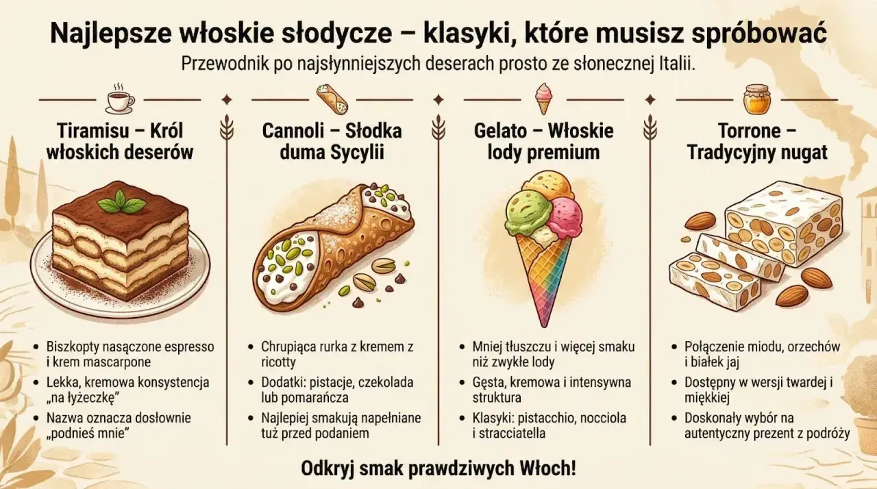 Włoskie słodycze: tiramisu, cannoli, gelato i torrone. Pyszne desery prosto z Italii, które musisz spróbować.