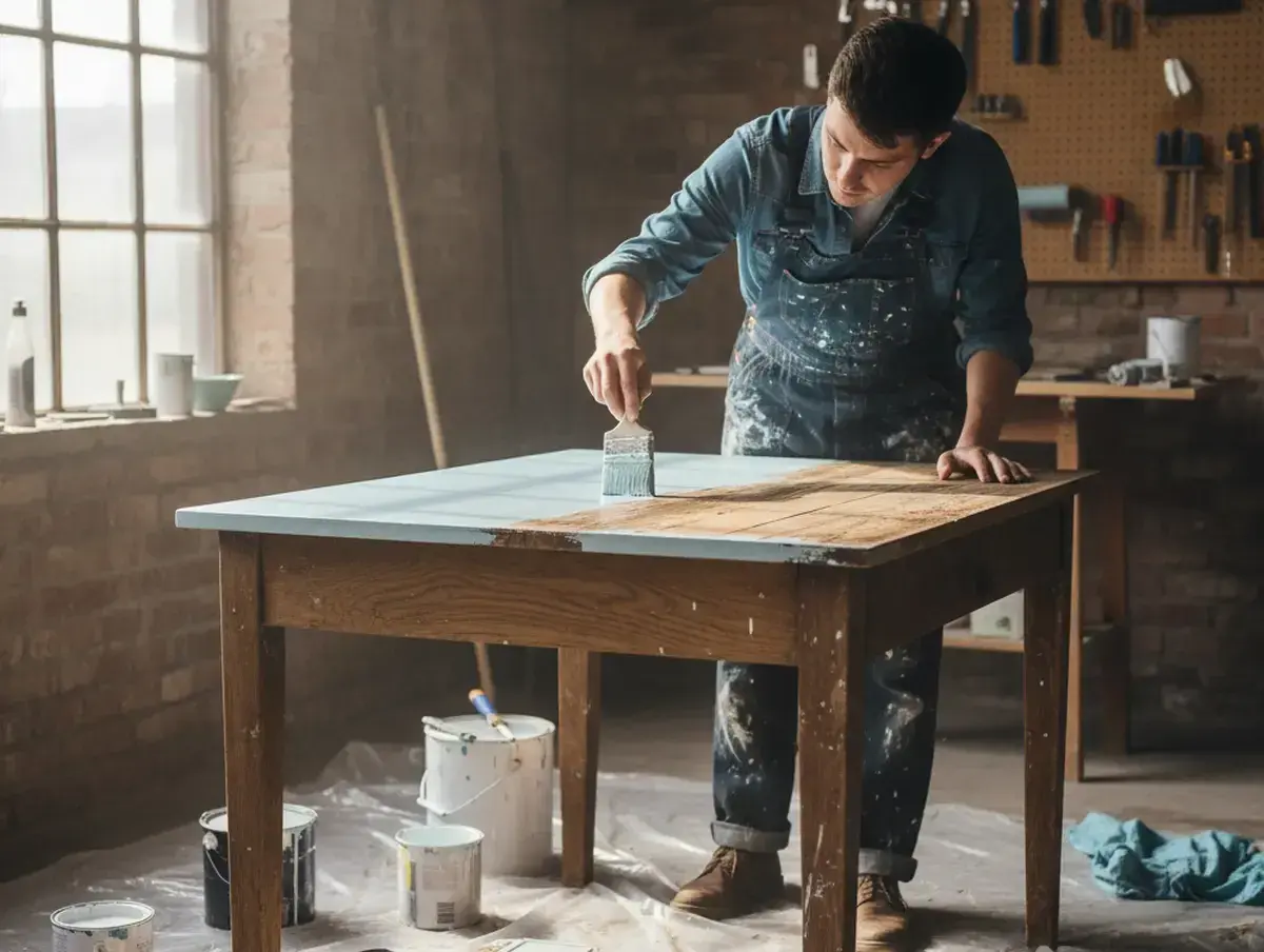 Un homme en salopette repeint une table en bois avec une touche de bleu clair. Des pots de peinture sont disposés autour.