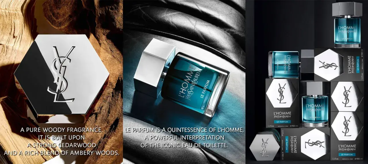 L'Homme Le Parfum: elegancki flakon perfum Yves Saint Laurent, otoczony drewnem i skórą, symbolizujący siłę i wyrafinowanie.