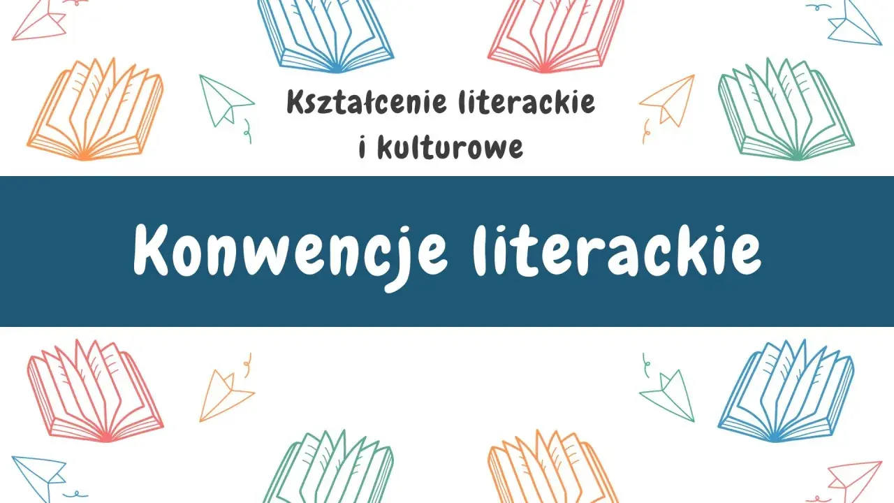 Kształcenie literackie i kulturowe: poznaj konwencje literackie. Ilustracja z otwartymi książkami i papierowymi samolotami.