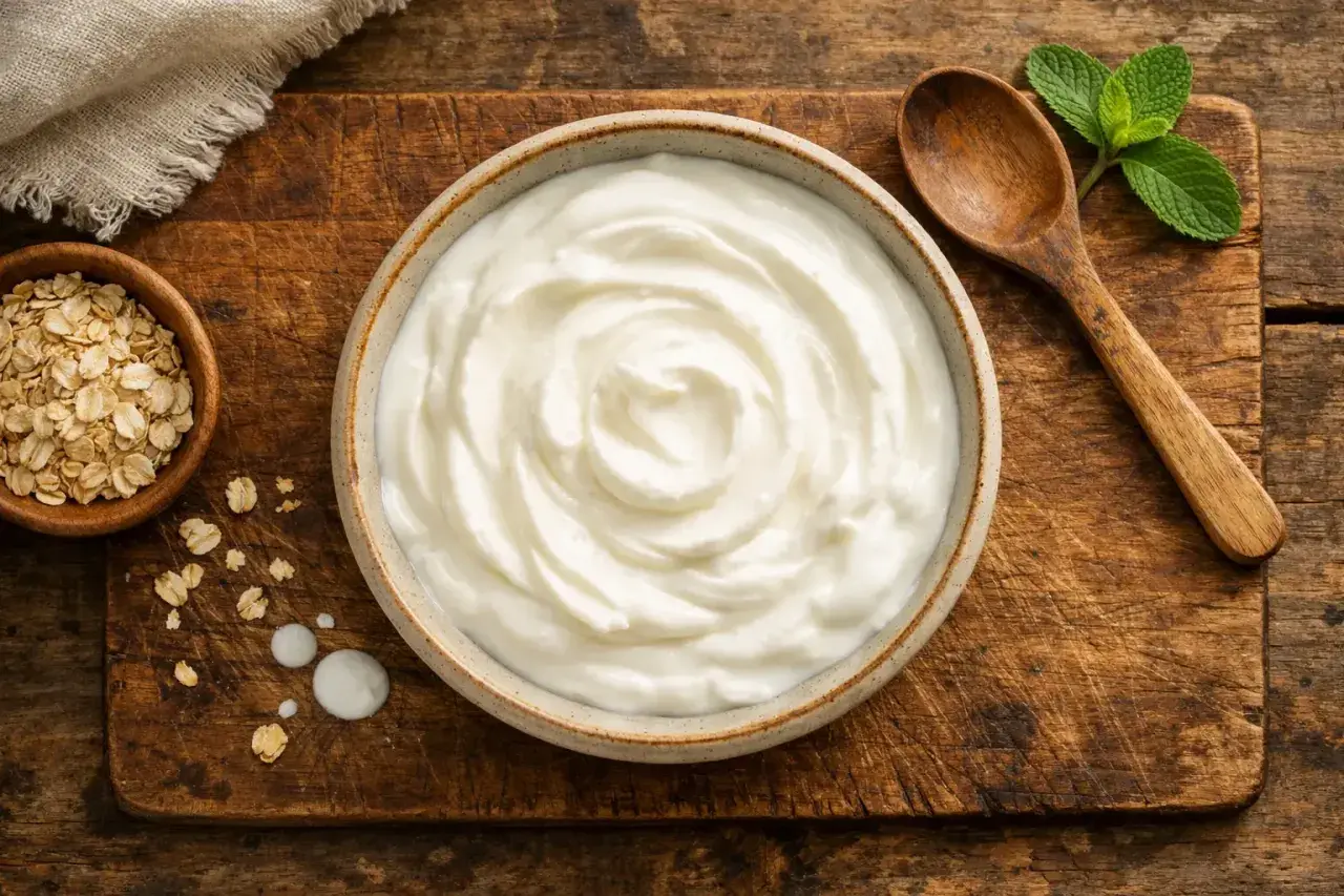 Yogur griego cremoso en un tazón, con avena y una cuchara de madera. Ideal para controlar las calorías del yogur griego.