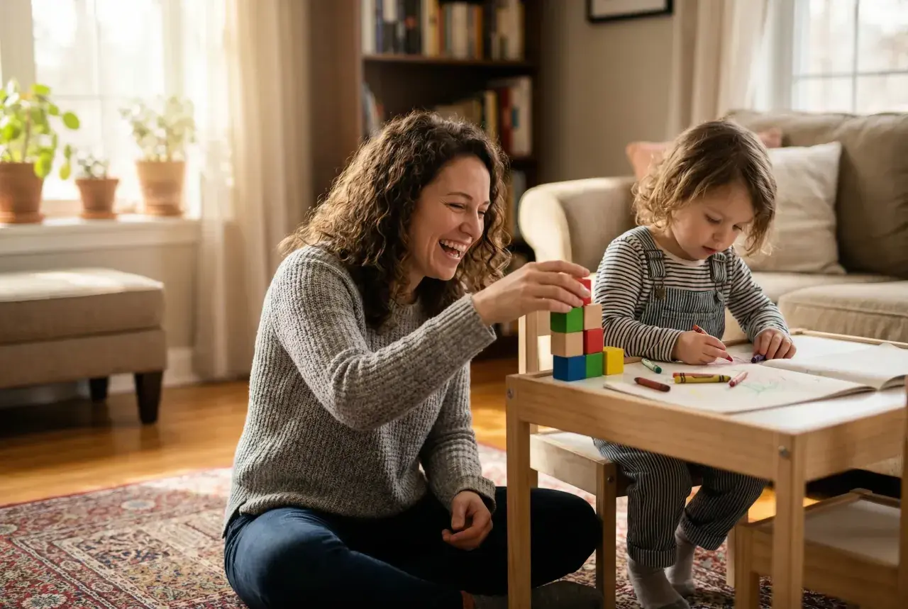 Radosna mama buduje wieżę z klocków, obserwując, jak dziecko rysuje. To piękne etapy rozwoju dziecka, pełne nauki i zabawy.