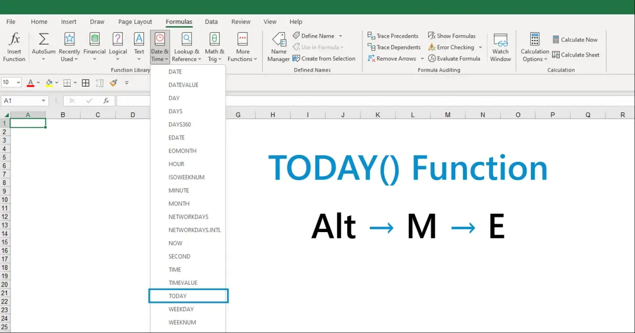 Excel Formulas tab with Date & Time dropdown open, highlighting TODAY.