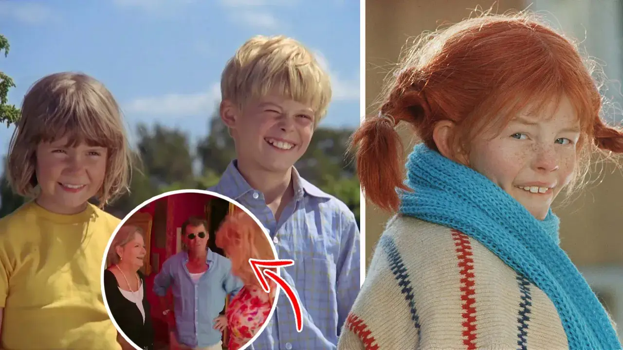 Bilden visar vem som spelade Pippi Långstrump, med en närbild på henne och en collage med Tommy, Annika och andra karaktärer.