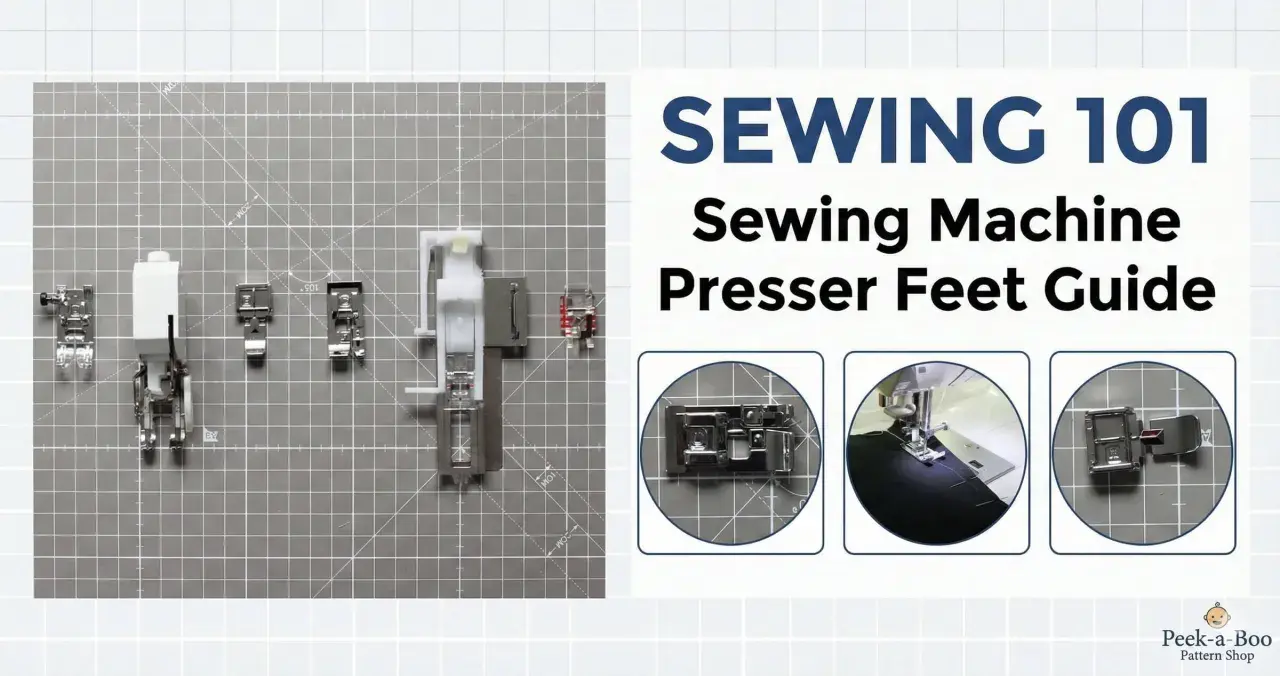 Sewing machine presser feet guide, showing various presser feet on a cutting mat. What is a presser foot? It's the part that holds fabric down while sewing.