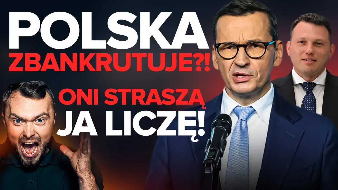 Trzech mężczyzn, jeden krzyczy, dwaj w garniturach, tekst "POLSKA ZBANKRUTUJE?!