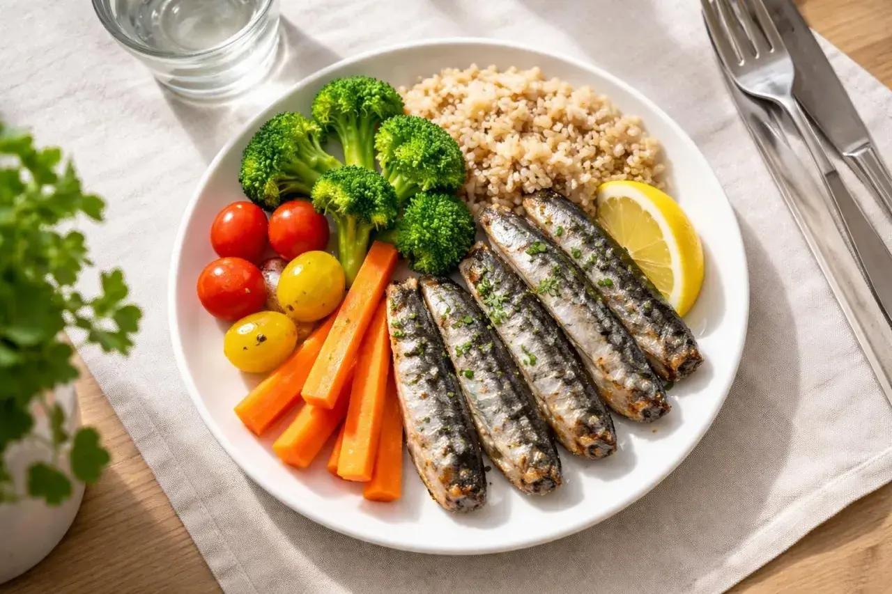 Assiette de sardines grillées avec quinoa, brocolis, tomates et carottes. Combien de sardines par personne ? Cinq.