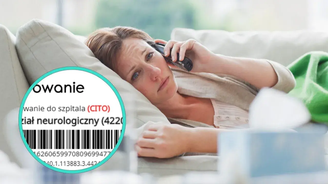 Zmartwiona kobieta dzwoni z telefonu, gdy na ekranie widać skierowanie do szpitala (CITO) na oddział neurologiczny.