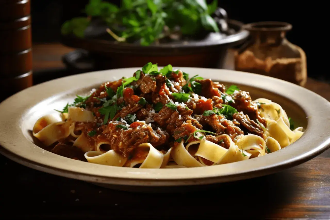 Pappardelle z bogatym ragu z jagnięciny, posypane parmezanem i świeżą pietruszką.