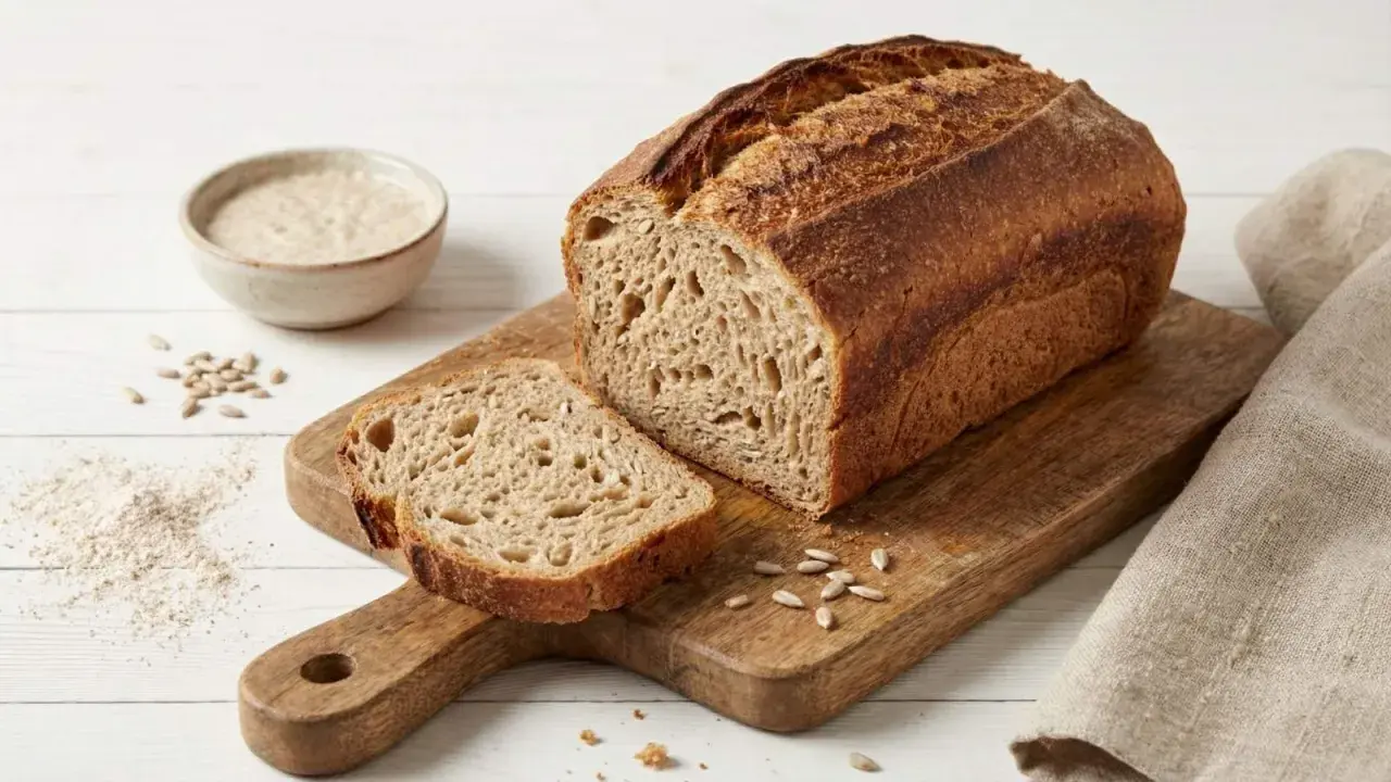 Pyszny, świeży chleb orkiszowy z chrupiącą skórką, pokrojony na desce, obok miseczki z zakwasem i ziarnami.