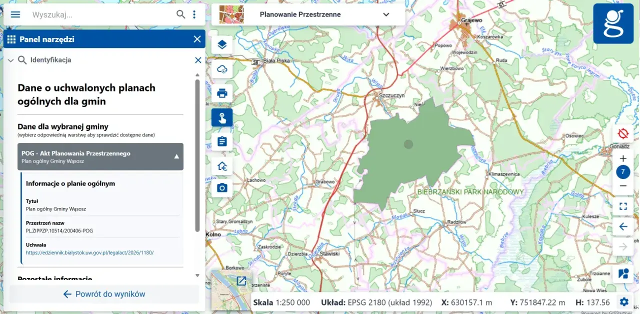 Plan ogólny Gminy Wąsosz widoczny na mapie, z zaznaczonym Biebrzańskim Parkiem Narodowym.