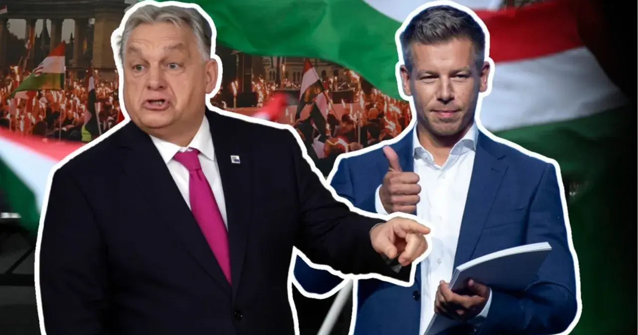 Dwóch mężczyzn na tle tłumu z węgierskimi flagami.