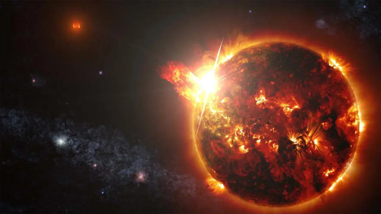 Jasna gwiazda, być może Gliese 710, wybucha w kosmosie. W tle widać inne gwiazdy i mgławicę.
