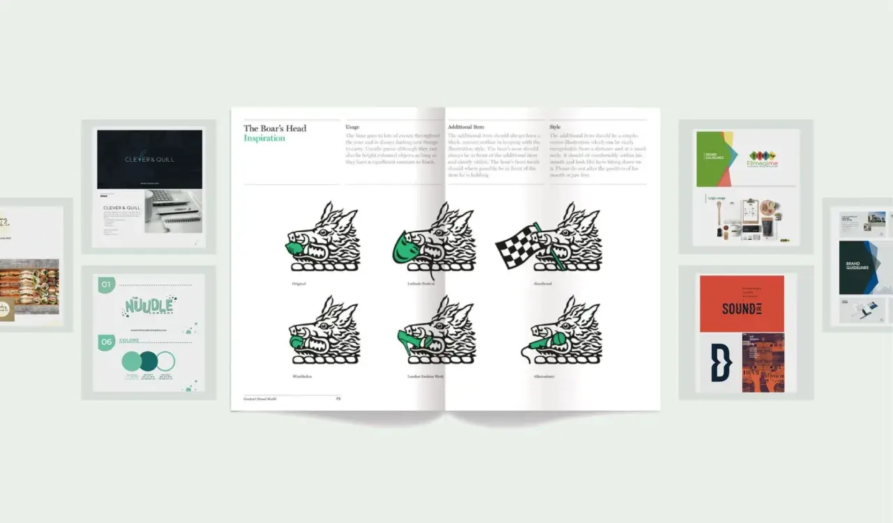 Étude de cas pour créer une marque : un guide de style pour un logo de sanglier, des exemples de logos et des palettes de couleurs.