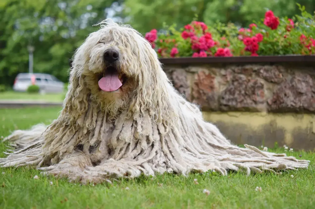 Ein Komondor Hund mit seinem charakteristischen, langen, zotteligen Fell liegt entspannt auf grünem Gras. Im Hintergrund blühen rote Rosen.