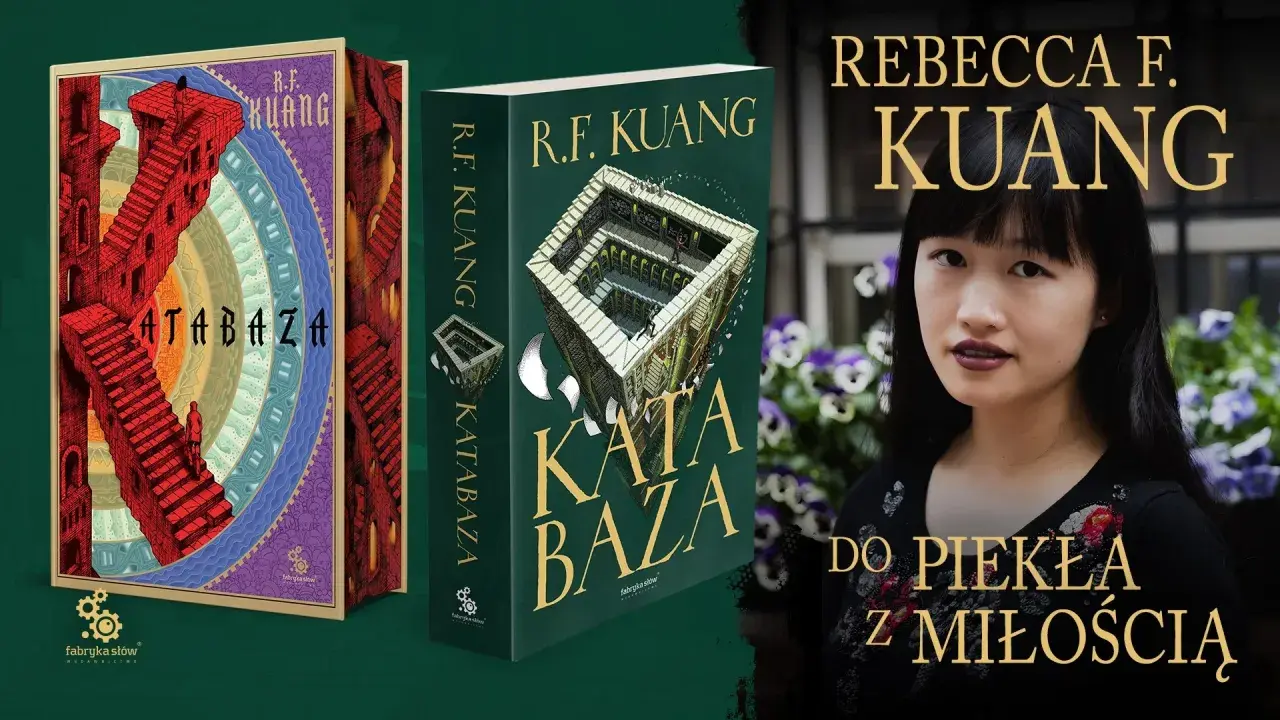 Okładki książek R.F. Kuang: "Atabaza" i "Katabaza". Obok autorka, Rebecca F. Kuang, z cytatem "Do piekła z miłością".