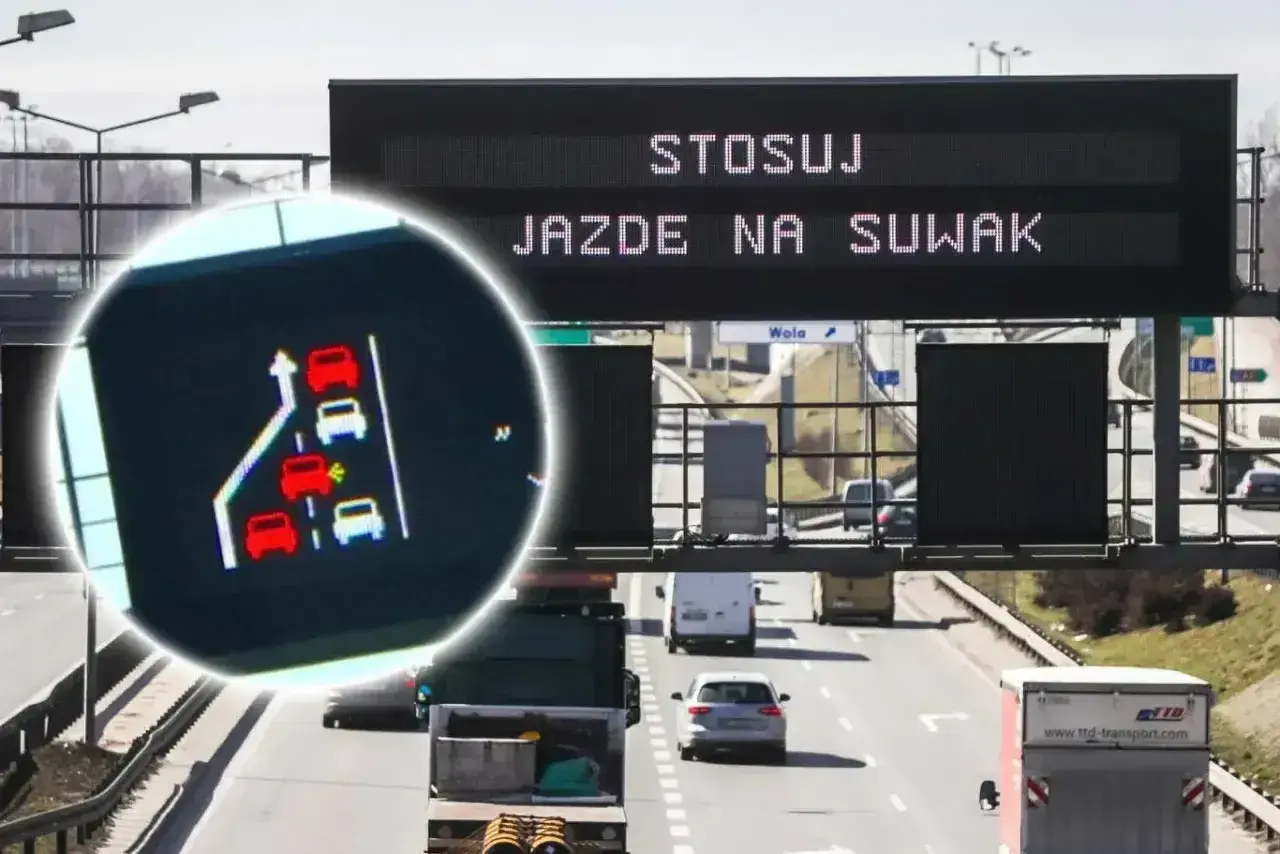 Znak drogowy informuje o konieczności stosowania jazdy na suwak. Na ekranie widoczny schemat samochodów włączających się do ruchu.